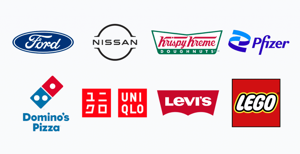 An image showing the most popular logos in the world, such as those of  Ford, LEGO, and Uniqlo, to demonstrate the branding power of logos.