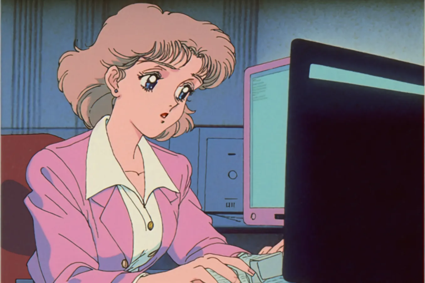 Girl using Niji Journey at her computer, Retro Anime Style