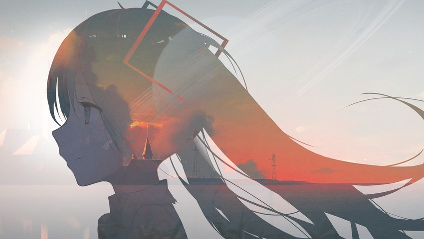 Original art by Kieed, Hatsune Miku, double exposure with city in background, dynamic composition