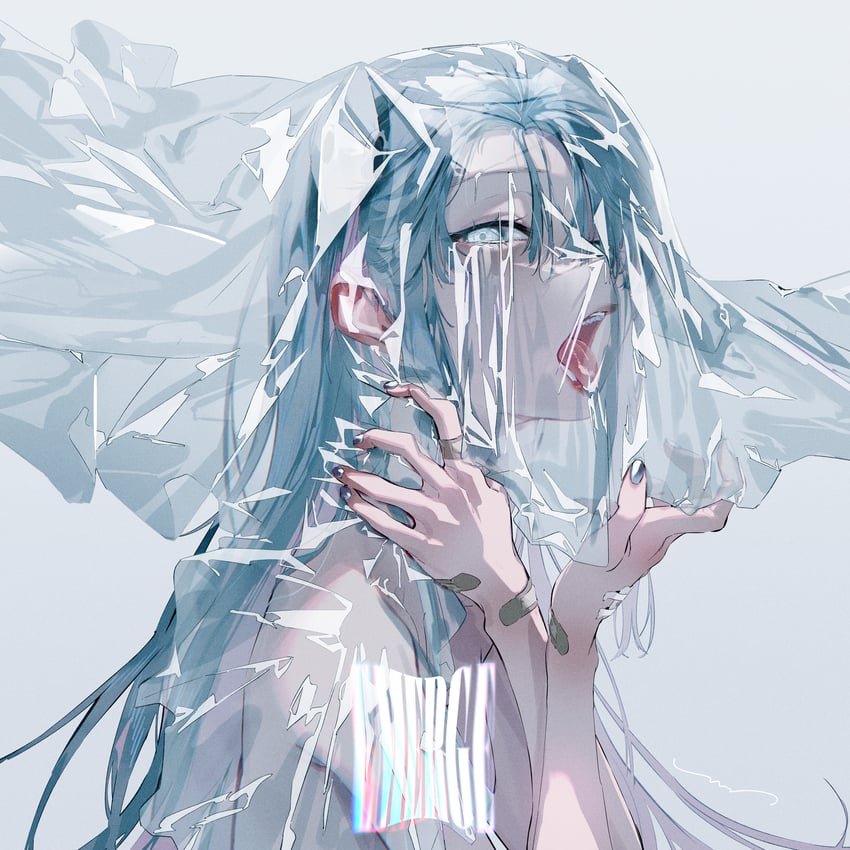 Original Art by Rella, blue girl anime girl transparent plastic covering