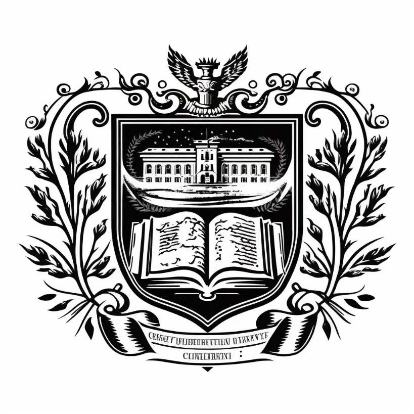 Generated logo of an emblem for a university, with a large book in the center.