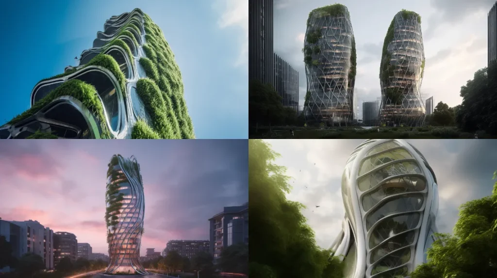 Futuristic skyscraper with a biomorphic design, lush vertical gardens, and soaring glass facade, inspired by Zaha Hadid, photographed by Candida Höfer --ar 16:9 --c 3