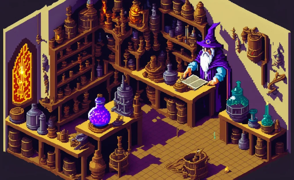 SDXL prompt of pixel art prompt, showing isometric pixel-art of wizard at his desk in a room surrounded by potions and items.