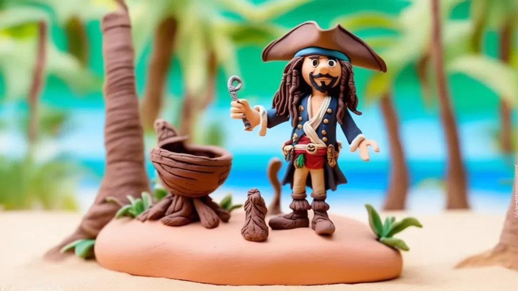 Example of claymation prompt, showing claymation film still of Captain jack sparrow on a topical island, holding a utensil and cooking.