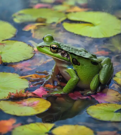 Hyperrealistic frog on lilypad with depth-of-field, generated by SDXL v1.0