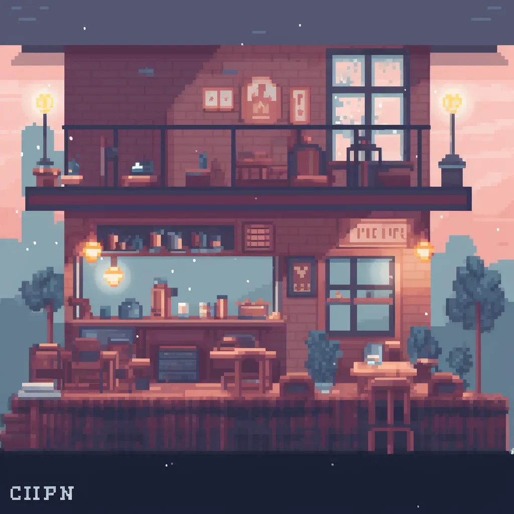 The pixel art cozy cafe prompt generated with Midjourney version 5. It is more aesthetically pleasing. 