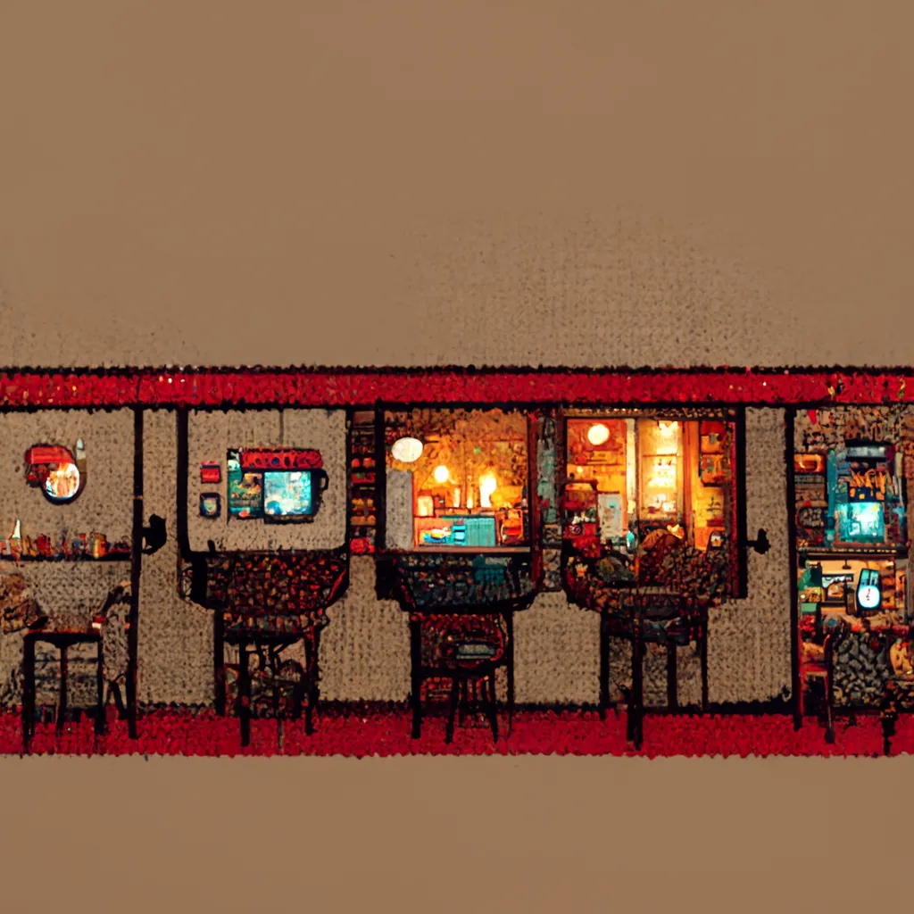 The pixel art cozy cafe prompt generated with Midjourney version 3. 