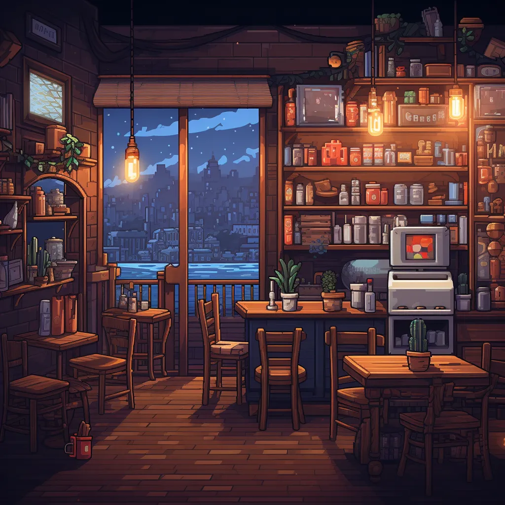 The pixel art cozy cafe prompt generated with Midjourney version 5.2.