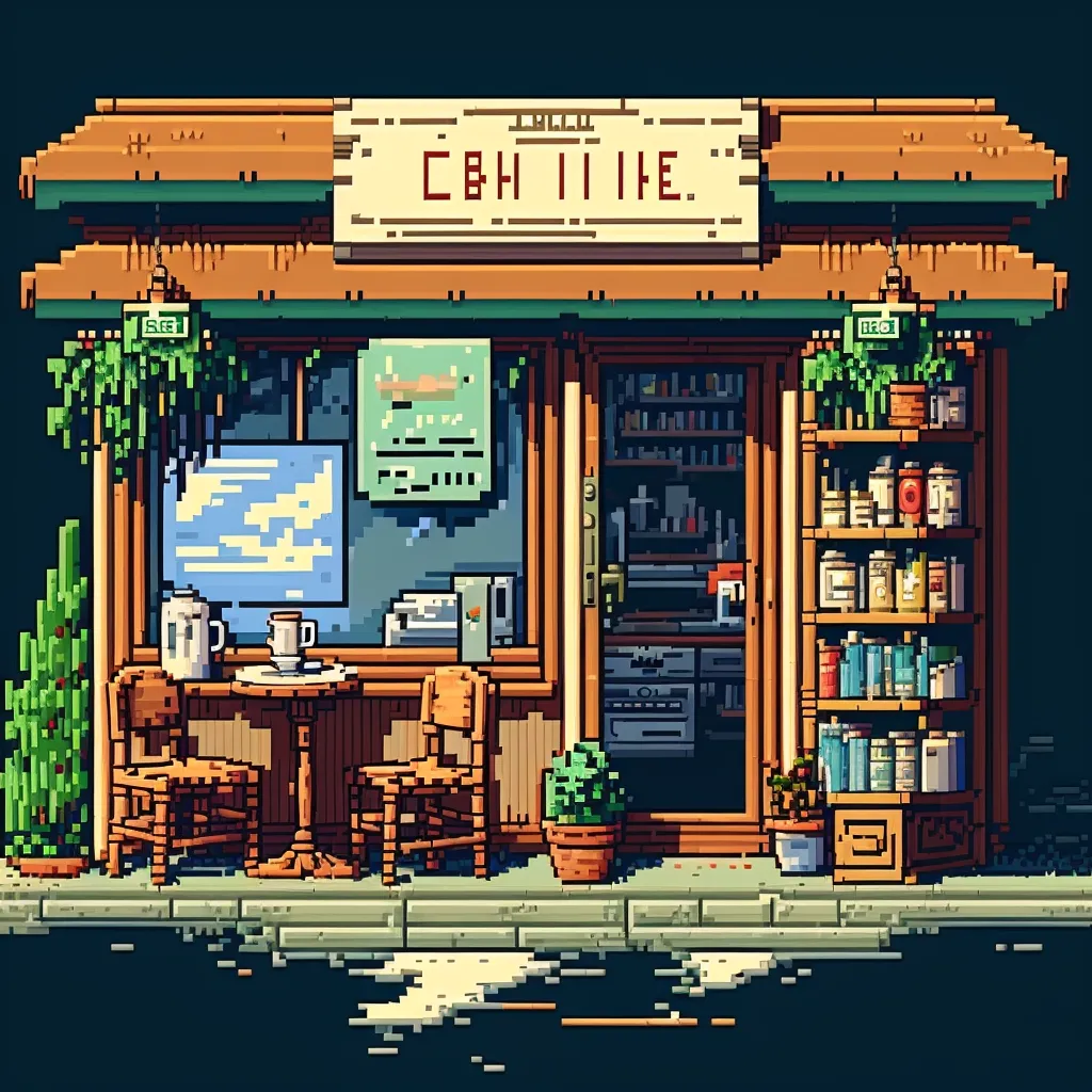 The same pixel art cozy cafe prompt generated with Midjourney version 4. It is noticeably more detailed, and actually looks cohesive.